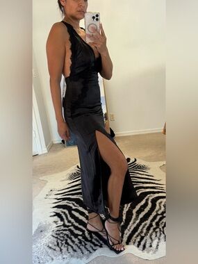 Black Satin Midi Slip Dress with Lace Trim I'm 5'5 and 120